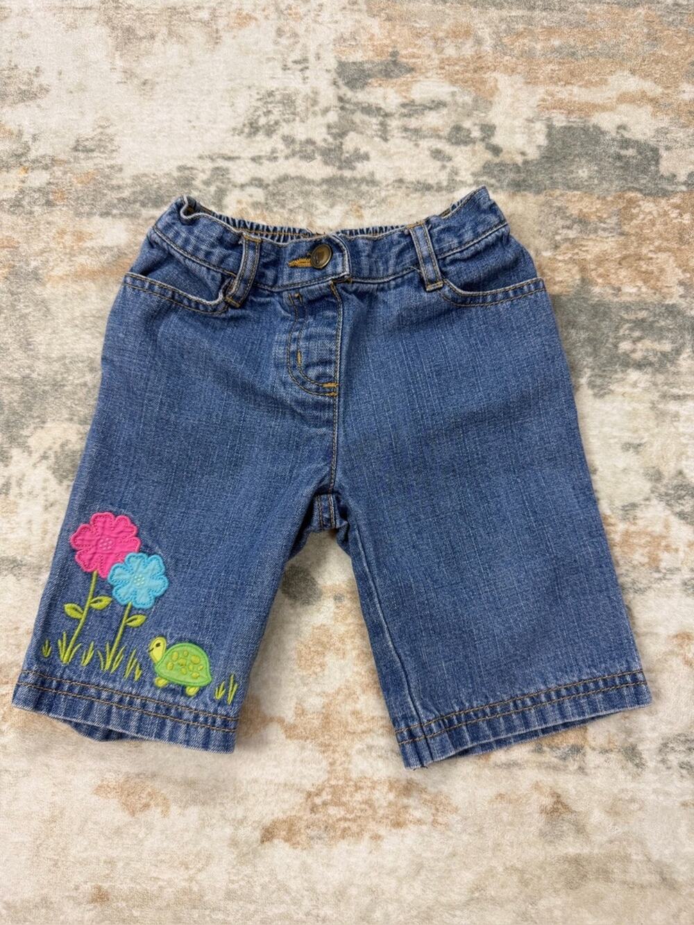 2008 Gymboree Girls Embroidered Denim Pants/Capri Turtle Flowers 12-18M